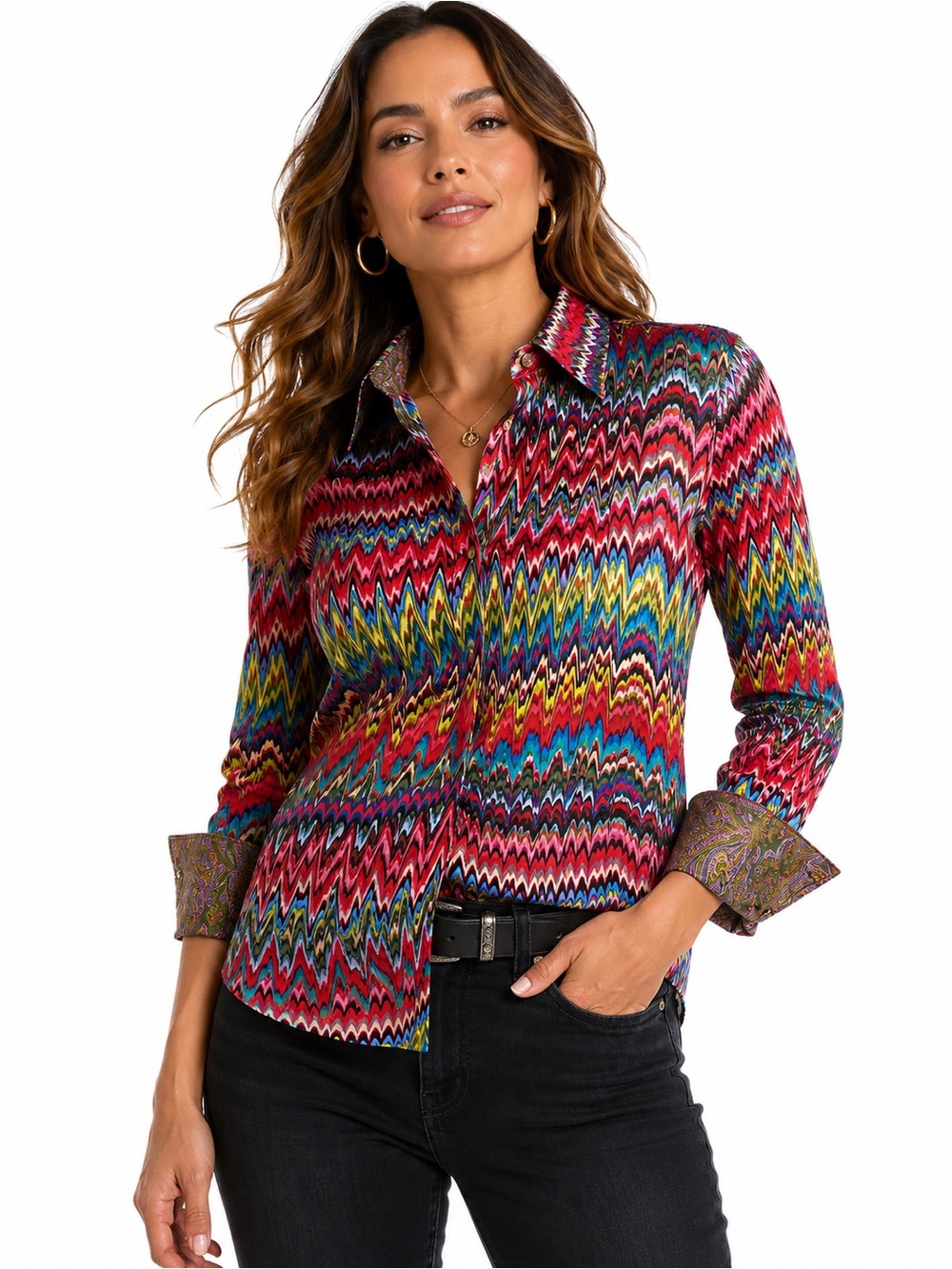 Robert Graham Silk Blend Psychedelic Chevron Print Button Front Shirt Sz Small